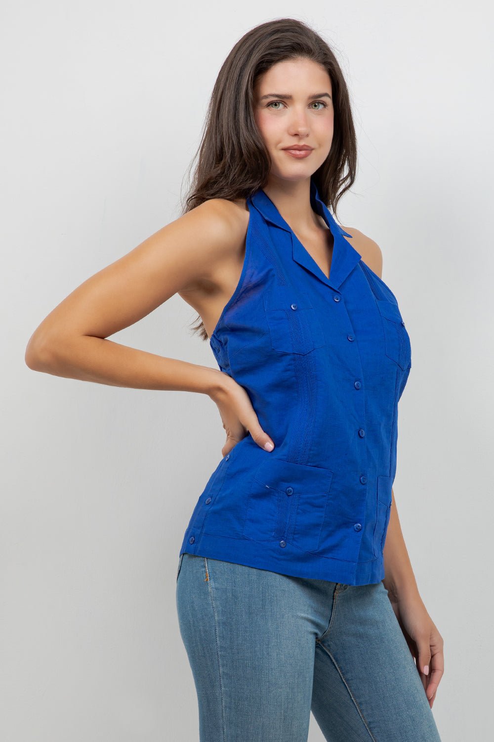 Top guayabera halter de lino para mujer – Abotonado, corte ligero