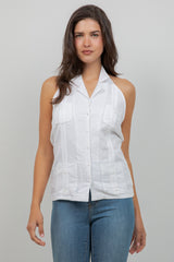 Top guayabera halter de lino para mujer – Abotonado, corte ligero