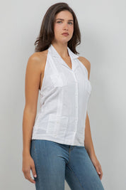 Top guayabera halter de lino para mujer – Abotonado, corte ligero