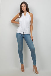 Top guayabera halter de lino para mujer – Abotonado, corte ligero