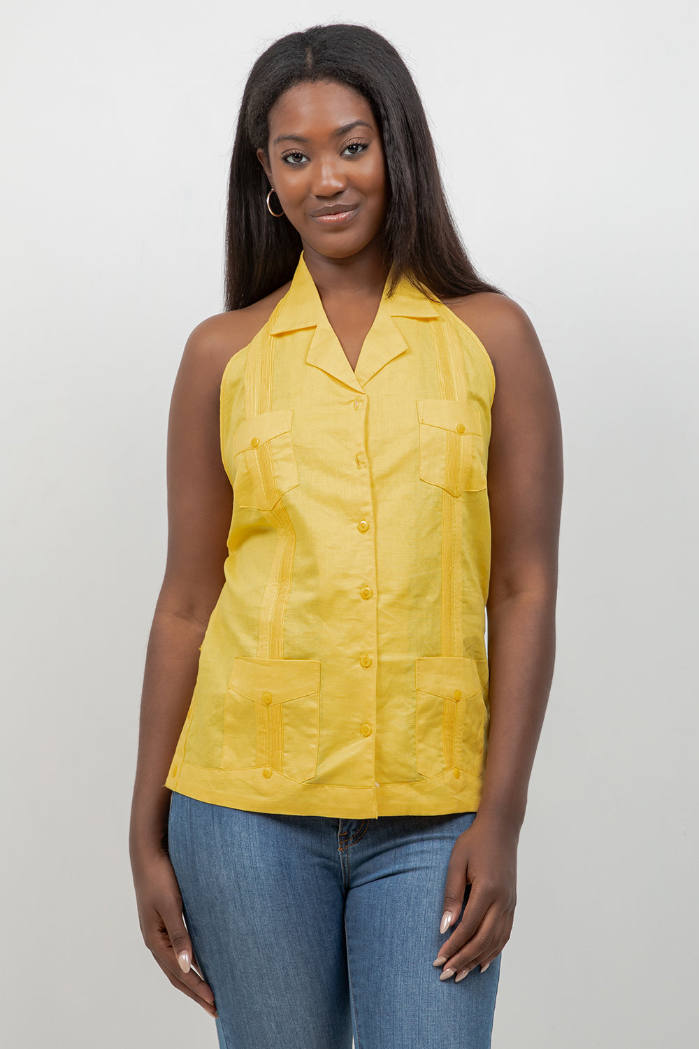 Women's Linen Blend Guayabera Halter Top – Button Down, Lightweight Fit