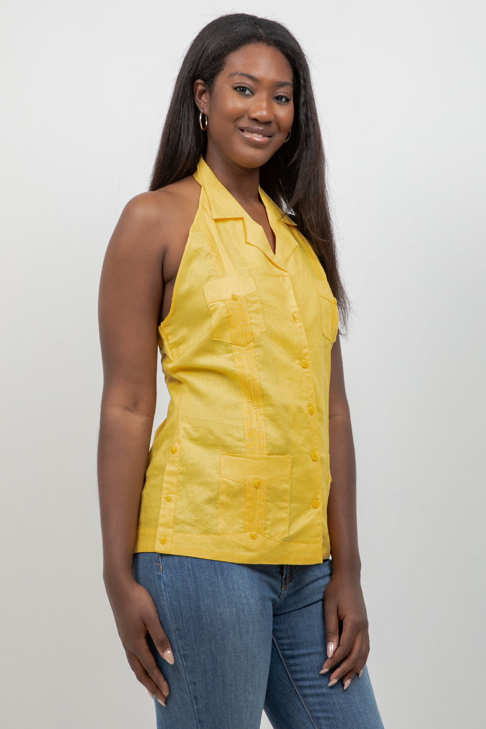 Women's Linen Blend Guayabera Halter Top – Button Down, Lightweight Fit