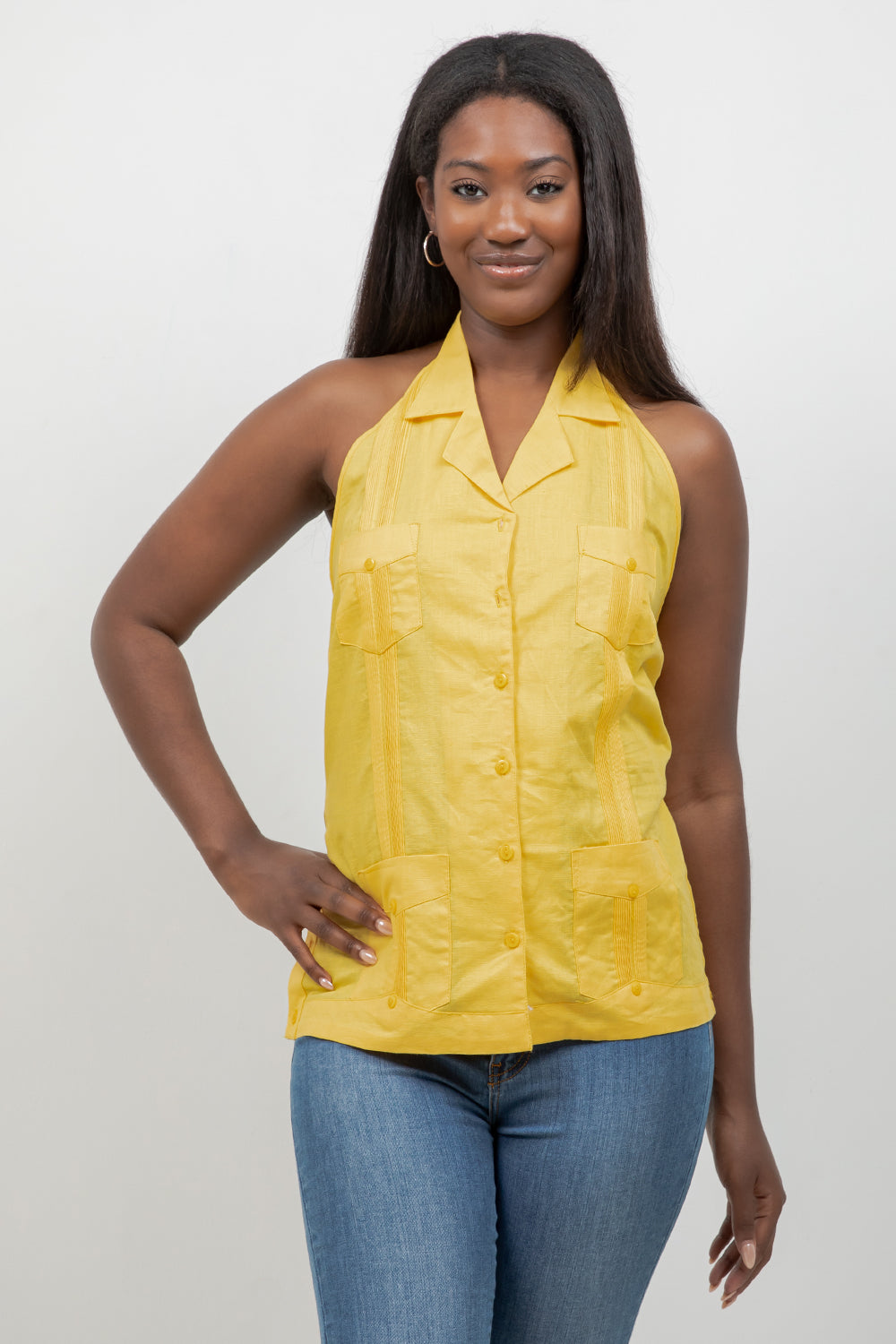 Top guayabera halter de lino para mujer – Abotonado, corte ligero