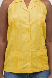 Women's Linen Blend Guayabera Halter Top – Button Down, Lightweight Fit