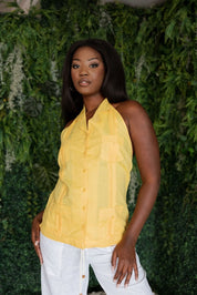 Mojito Women's Linen Blend Guayabera Halter Top – Button Down, Lightweight & Sexy Fit