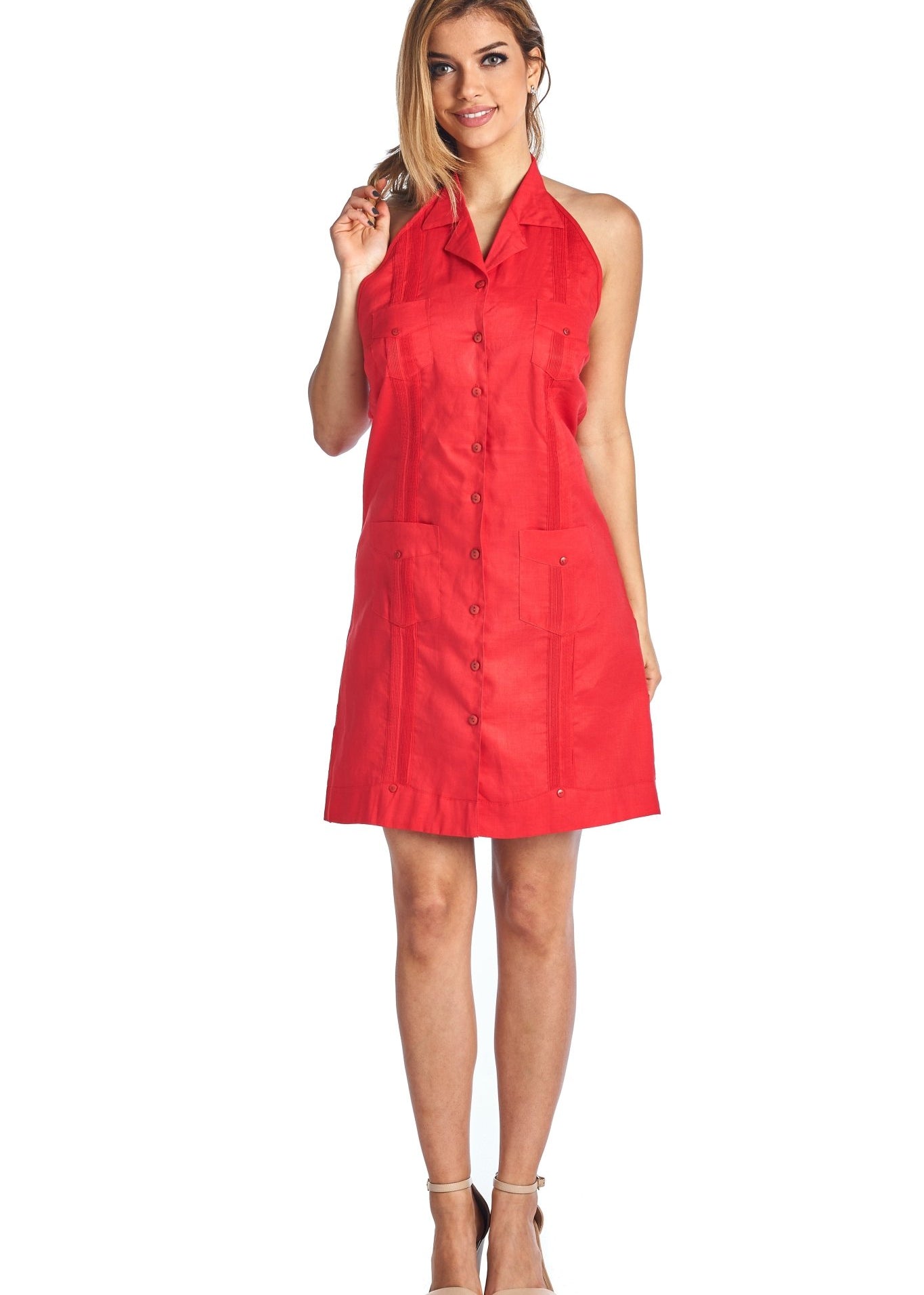 Front view of a woman in a red Women's Guayabera Halter Button Down Dress.