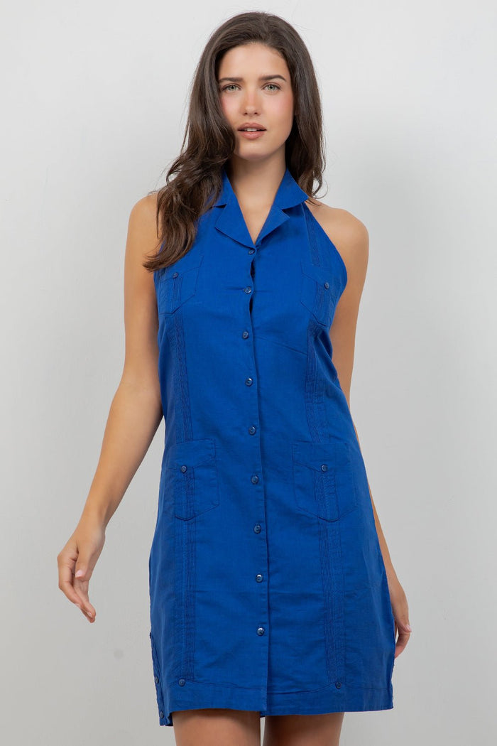 Brunette model wearing a red Women's Guayabera Halter Button Down Dress, with pockets.