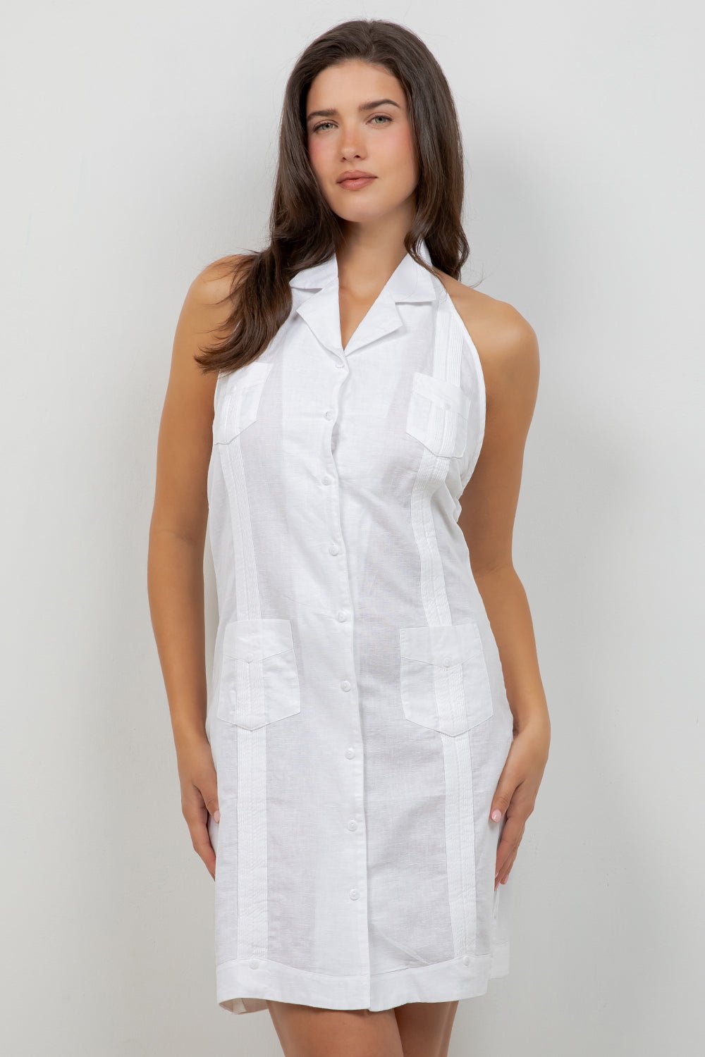 eyelet dress womens Women's Guayabera Halter Dress, Linen-Cotton, 4 Pockets – Mojito Collection