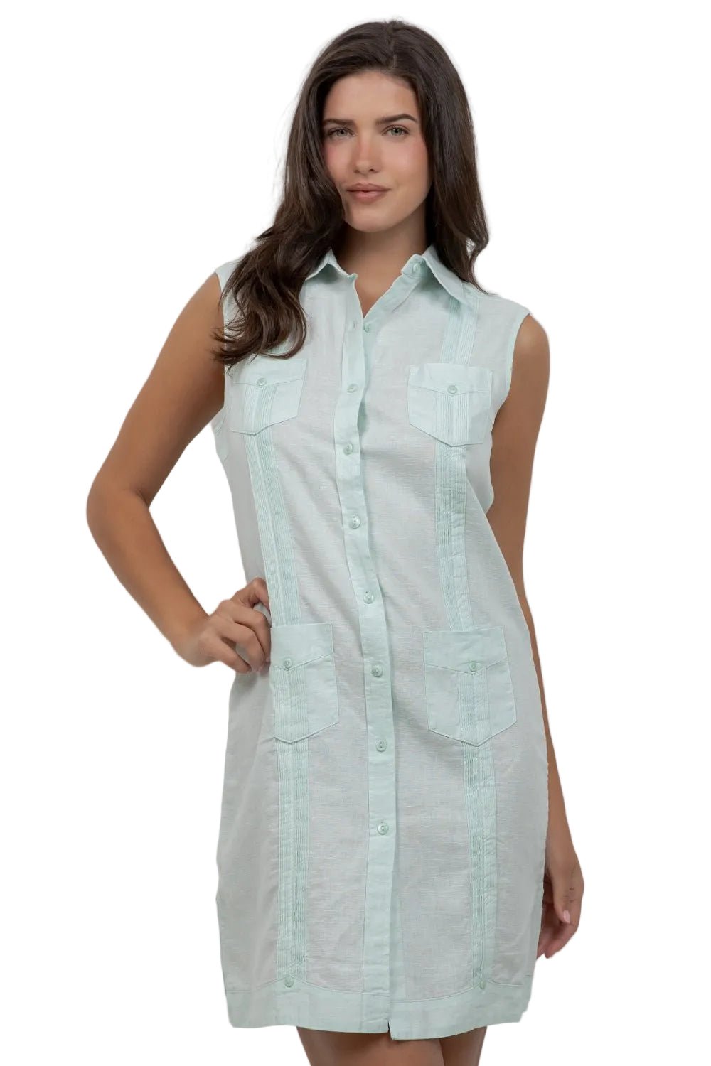 womens sleeveless shirt dress Women's Sleeveless Guayabera Dress in Linen and Cotton Medium / White