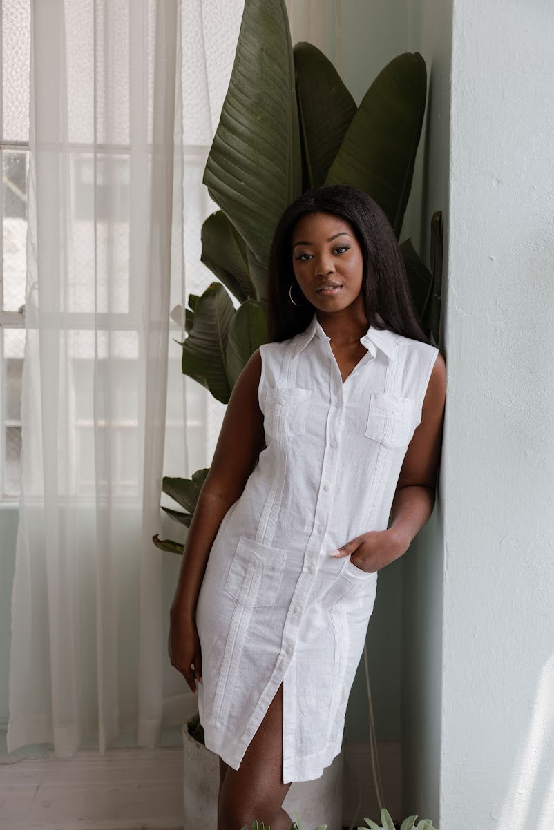 Mojito Women's Guayabera Dress Classic Linen Blend Sleeveless Button Down