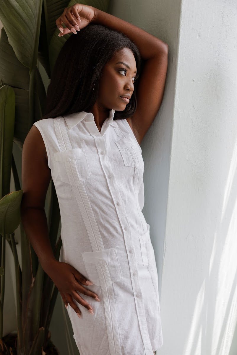 Vestido Guayabera para Mujer Clásico de Lino Mezclado Sin Mangas