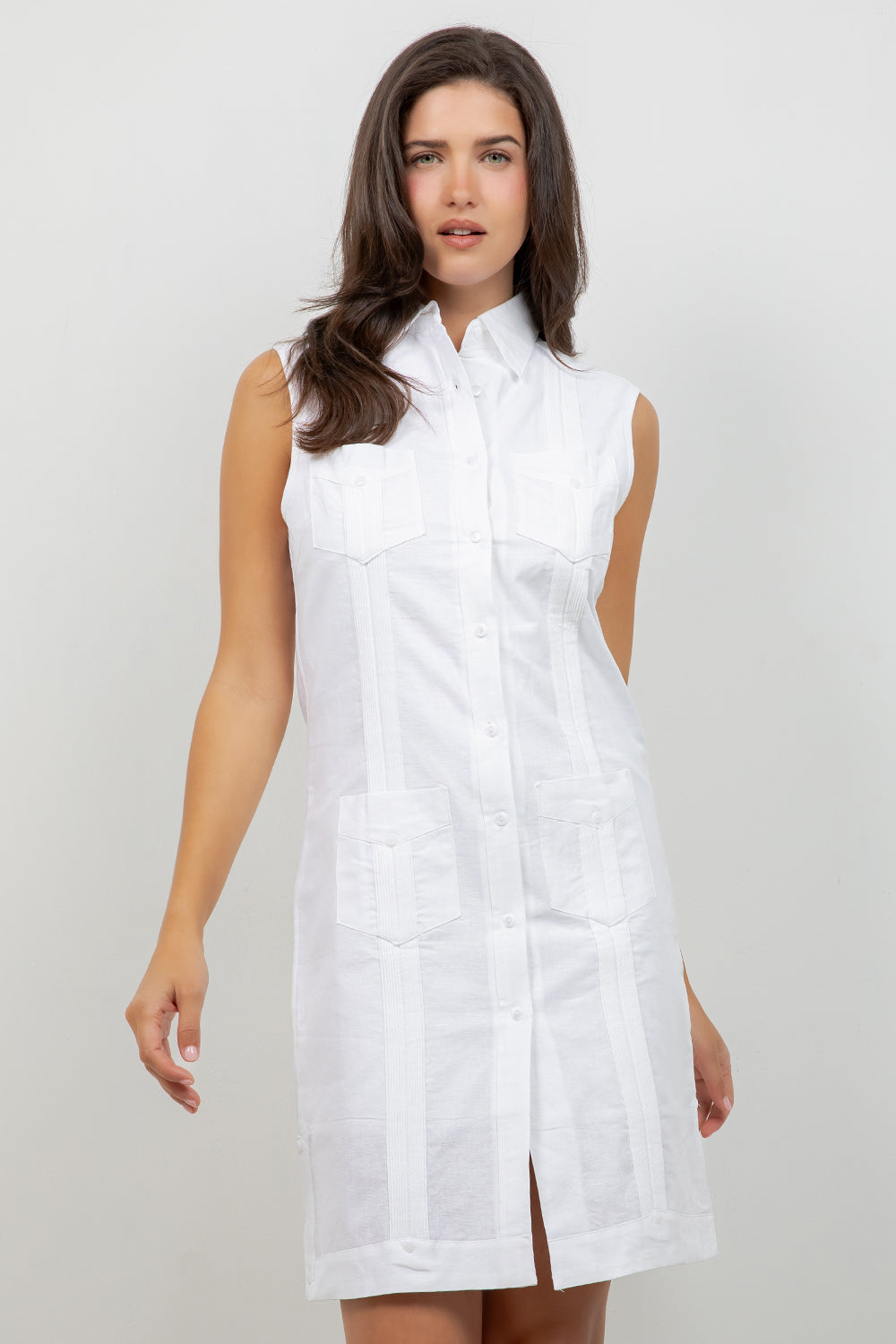 Women's Sleeveless Guayabera Dress in Linen and Cotton Medium / White