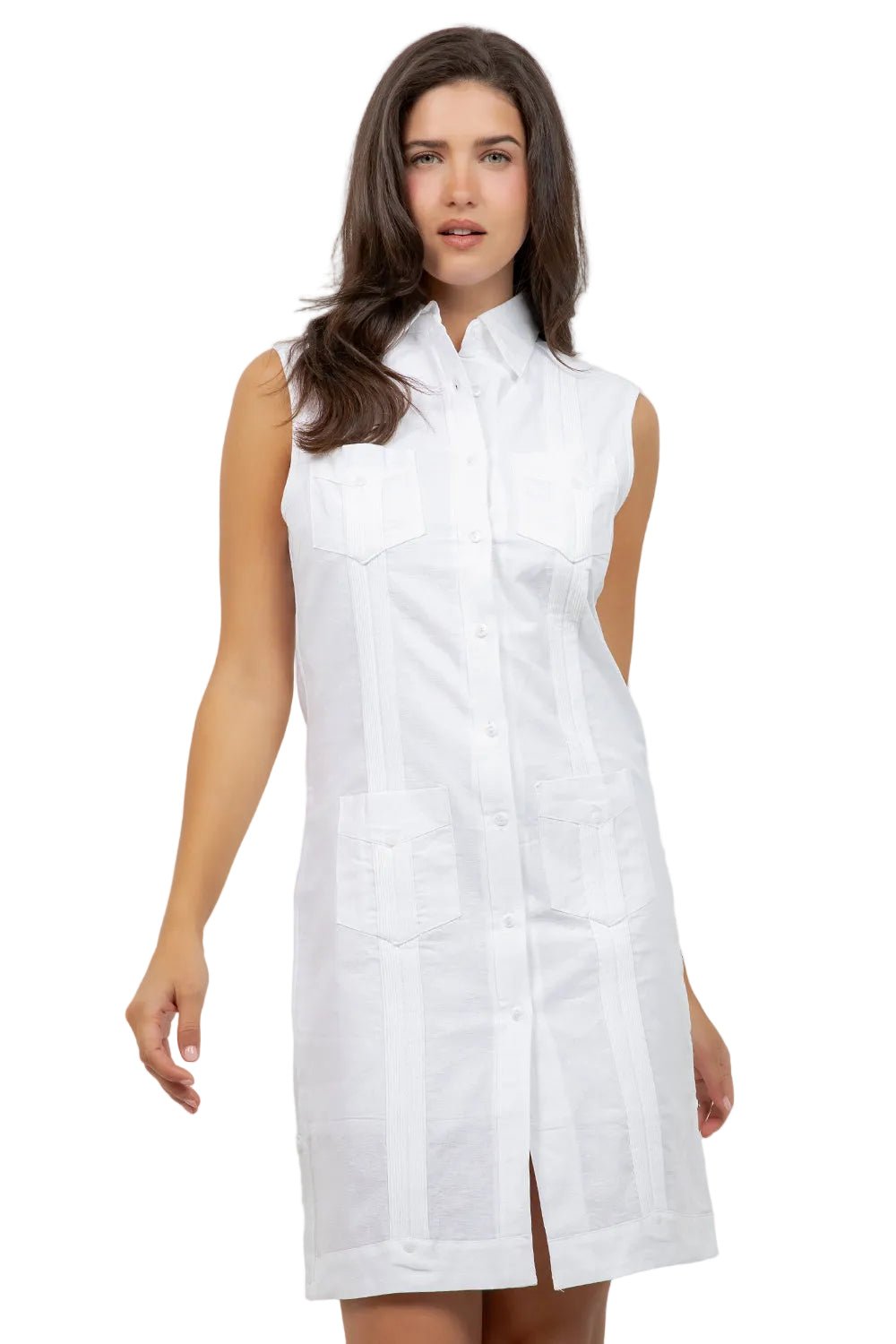 Women's Sleeveless Guayabera Dress in Linen and Cotton Medium / White Women's Sleeveless Guayabera Dress in Linen and Cotton Medium / White