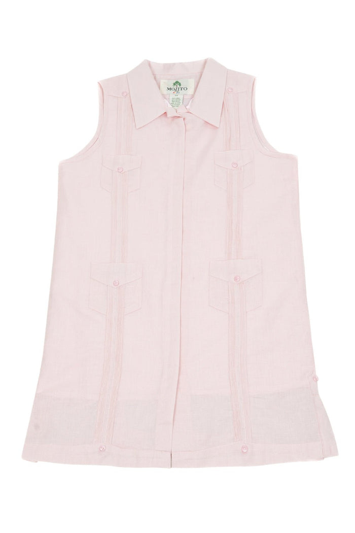 Girls Sleeveless Guayabera Linen Dress with 4 Pocket Design Sizes 2T-4T, 4-10, 12-18