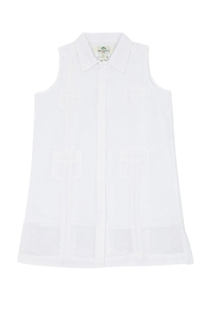 Girls Sleeveless Guayabera Linen Dress with 4 Pocket Design Sizes 2T-4T, 4-10, 12-18