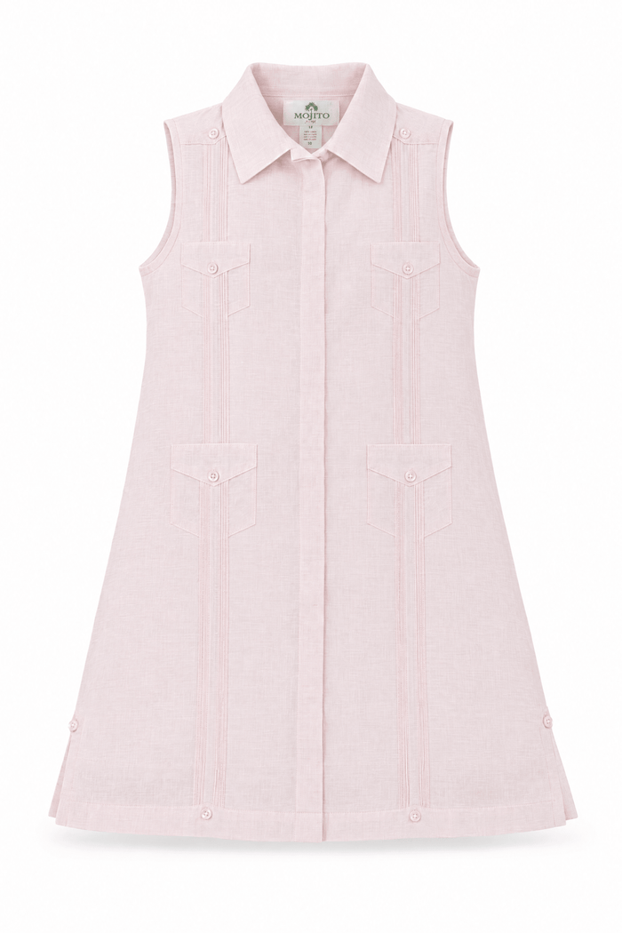 Girls Sleeveless Guayabera Linen Dress with 4 Pocket Design Sizes 2T-4T, 4-10, 12-18