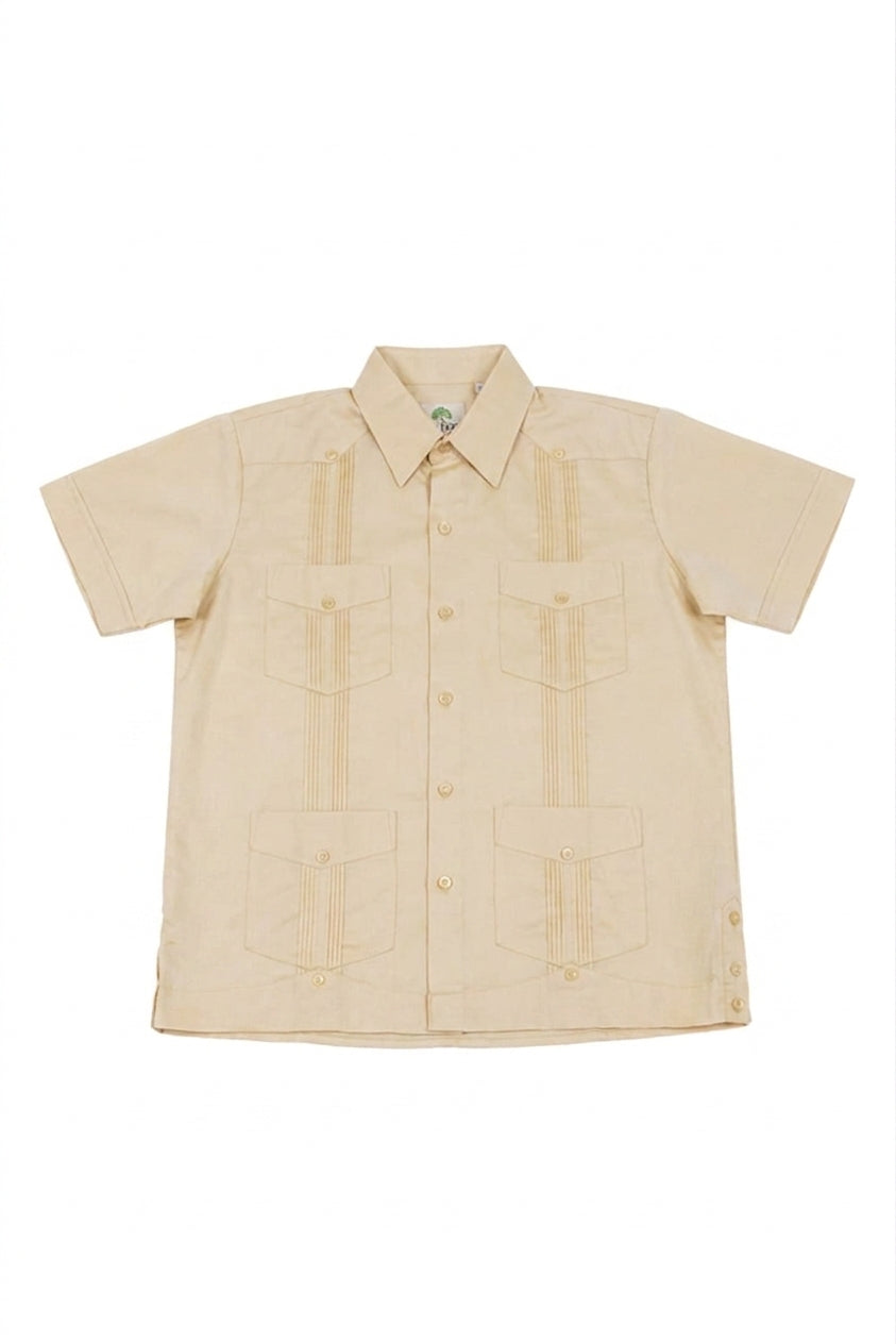 Camisa Guayabera de Lino 100% Manga Corta con 4 Bolsillos para Niño 14-20 años