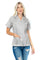 Front view of a woman wearing the grey, short sleeve Women's Guayabera with 4 Pockets, hand in the lower pocket.