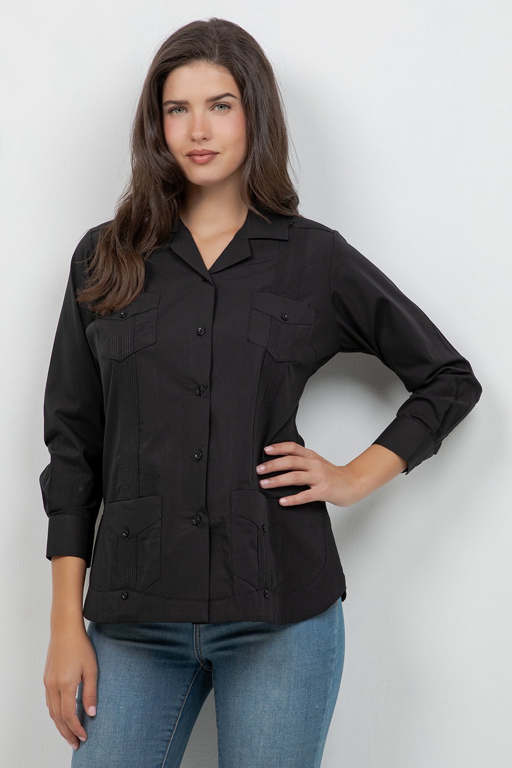 Camisa Guayabera Tradicional Mojito para Mujer, Mezcla de Algodón, Diseño de 4 Bolsillos, Manga Corta