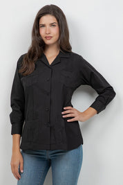 Camisa Guayabera Tradicional Mojito para Mujer, Mezcla de Algodón, Diseño de 4 Bolsillos, Manga Corta