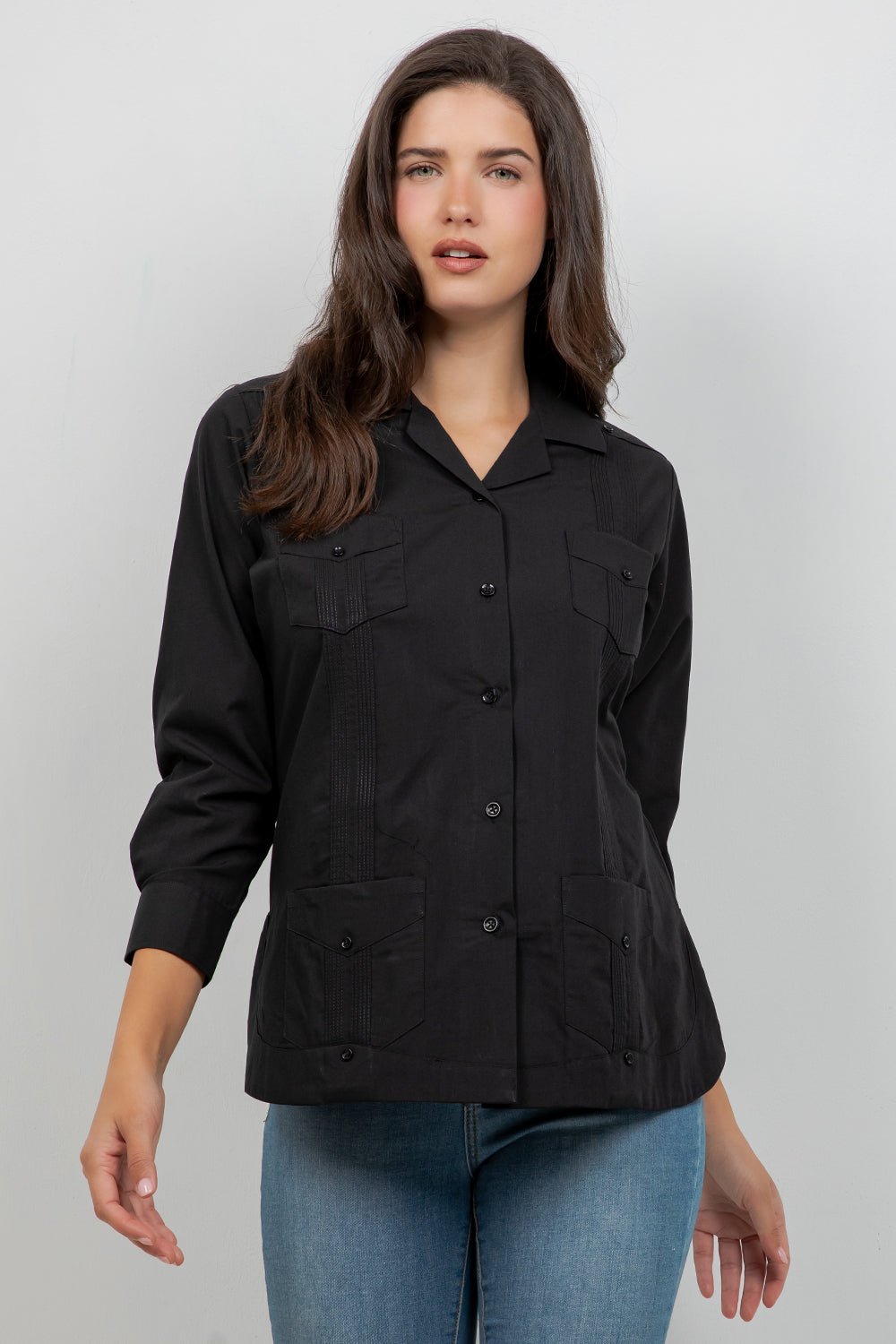 Camisa Guayabera Tradicional Mojito para Mujer, Mezcla de Algodón, Diseño de 4 Bolsillos, Manga Corta
