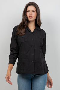 Guayabera de Mezcla de Algodón Manga Larga con 4 Bolsillos - NEGRO / XS