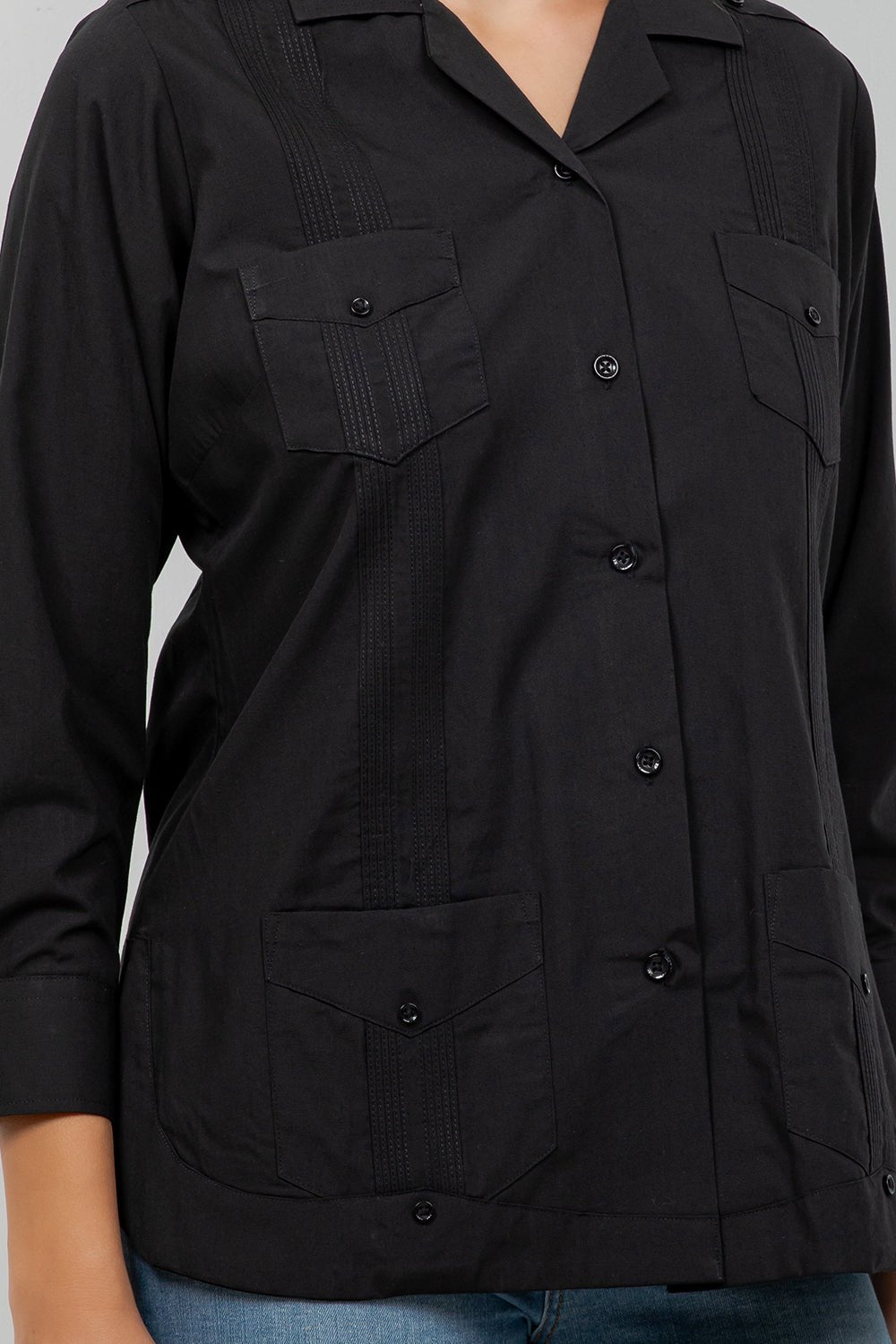 Camisa Guayabera Tradicional Mojito para Mujer, Mezcla de Algodón, Diseño de 4 Bolsillos, Manga Corta