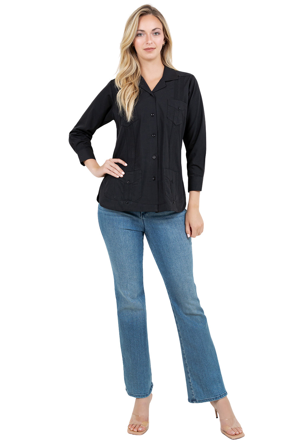 Mojito Women's Cotton Blend Long Sleeve Guayabera 4-Pocket Design