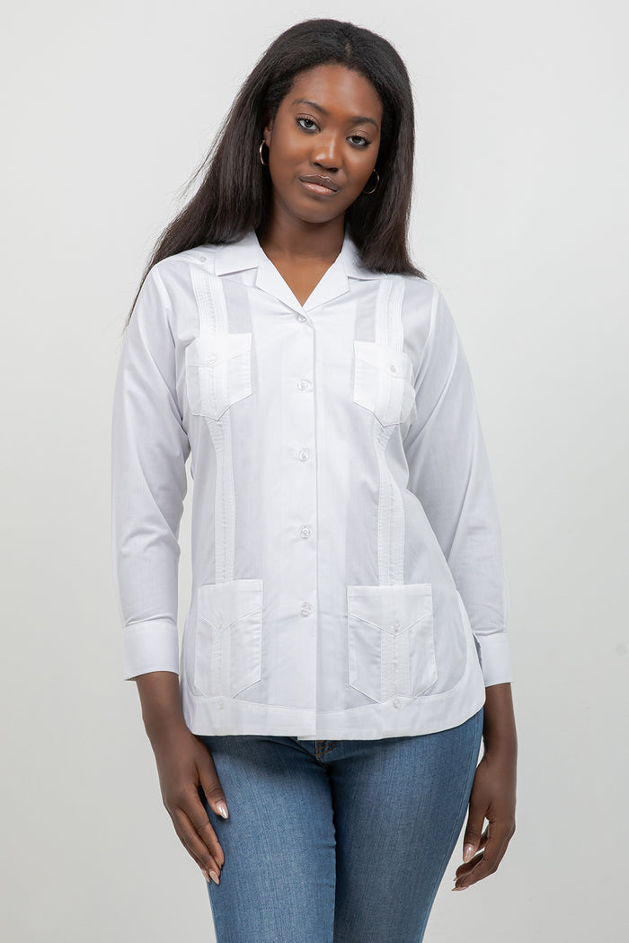 Women's black cotton blend guayabera shirt, 3/4 sleeve, front view, classic pleats and embroidery, Mojito Collection