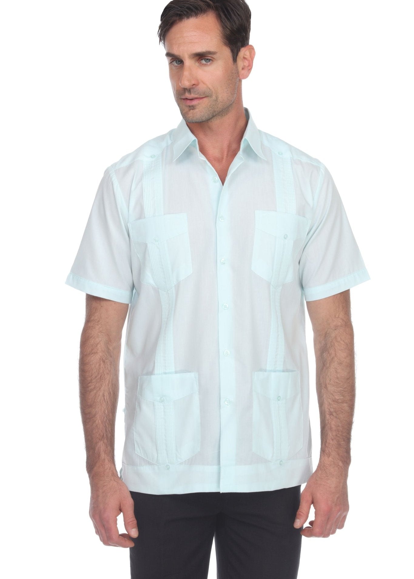 Front view of a men's light blue cotton-blend guayabera shirt with four pockets and heritage pleated design.
