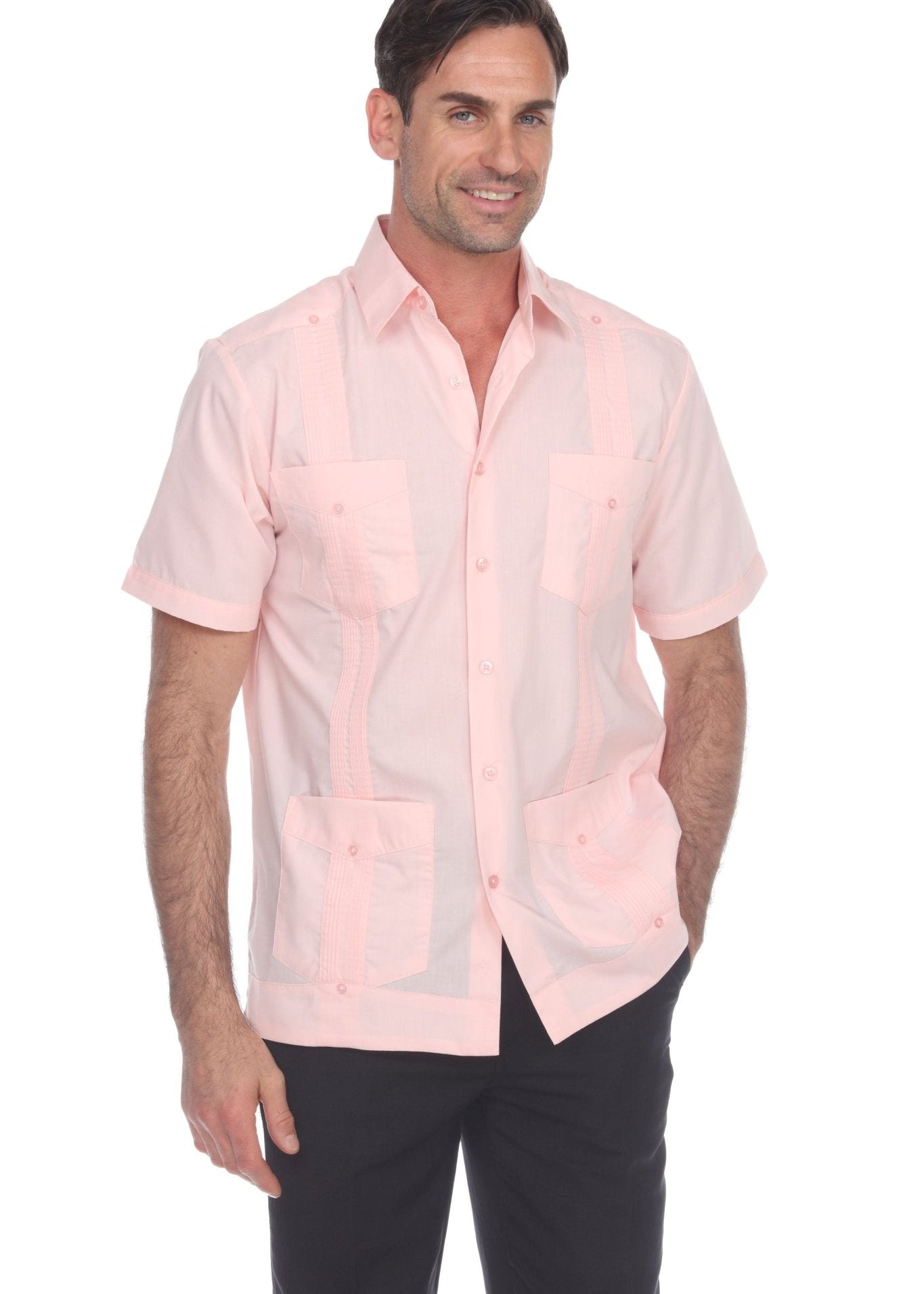 Men's light pink short sleeve guayabera shirt featuring a sharp collar and traditional heritage styling.