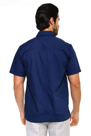 Back view of the navy blue short sleeve guayabera shirt, highlighting the central vertical pleats and tailored fit.