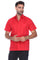 A man wearing a bright red short-sleeve button-up shirt with two chest pockets, paired with black pants, photographed against a plain white background.