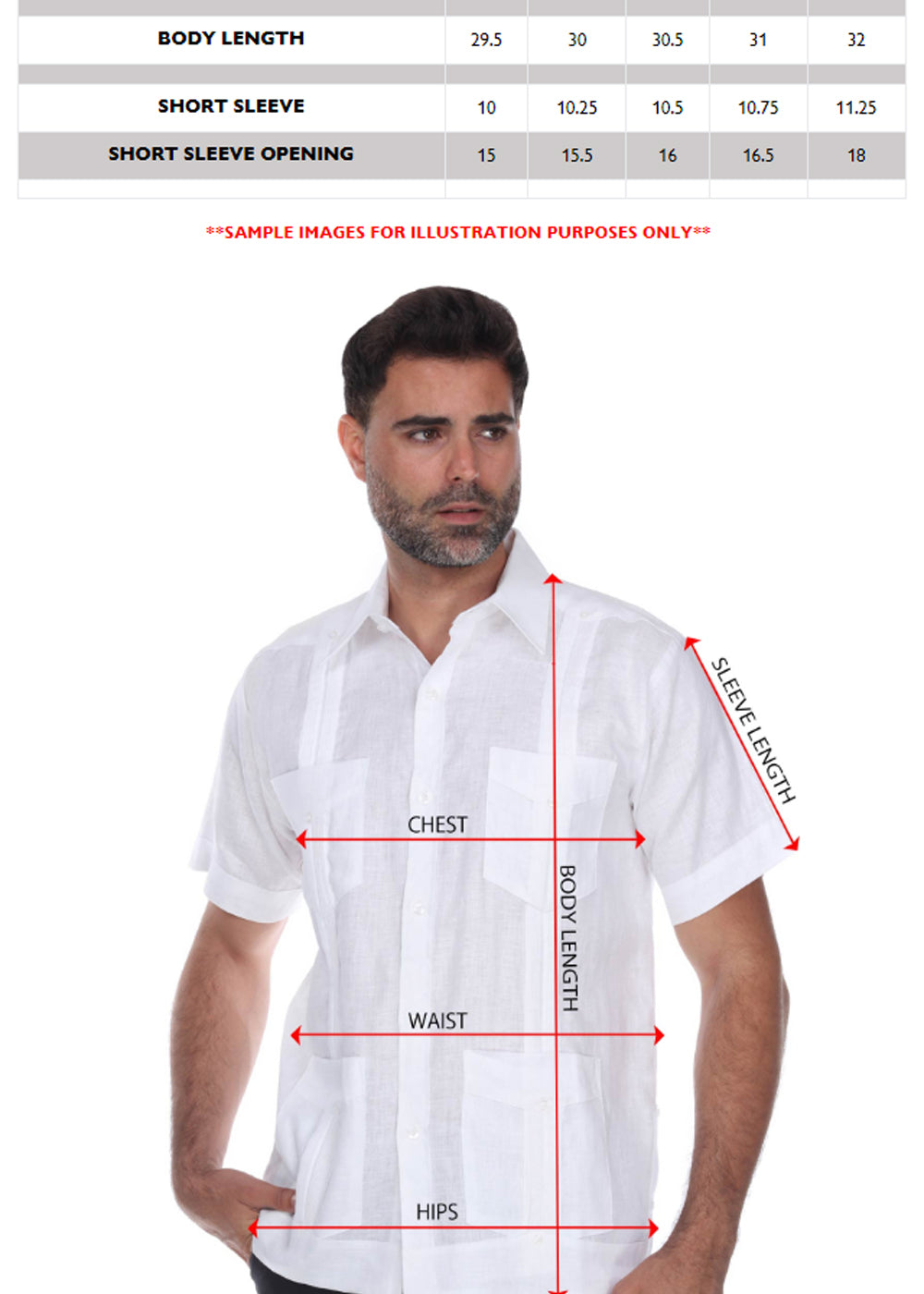 Size chart of the Men's Plus Size Classic Four-Pocket Short Sleeve Guayabera Shirt with body measurements pointed out by red arrows.