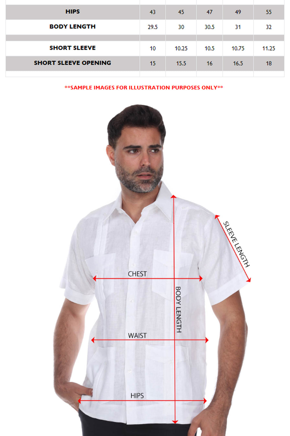 Size chart of the Men's Plus Size Classic Four-Pocket Short Sleeve Guayabera Shirt with body measurements pointed out by red arrows.