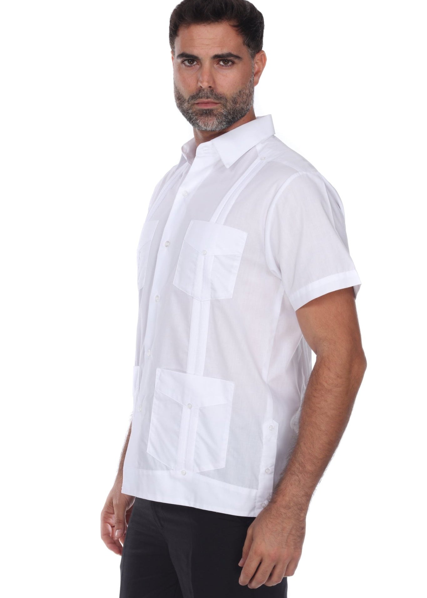 Side profile of a white guayabera shirt highlighting the tailored fit and breathable material.