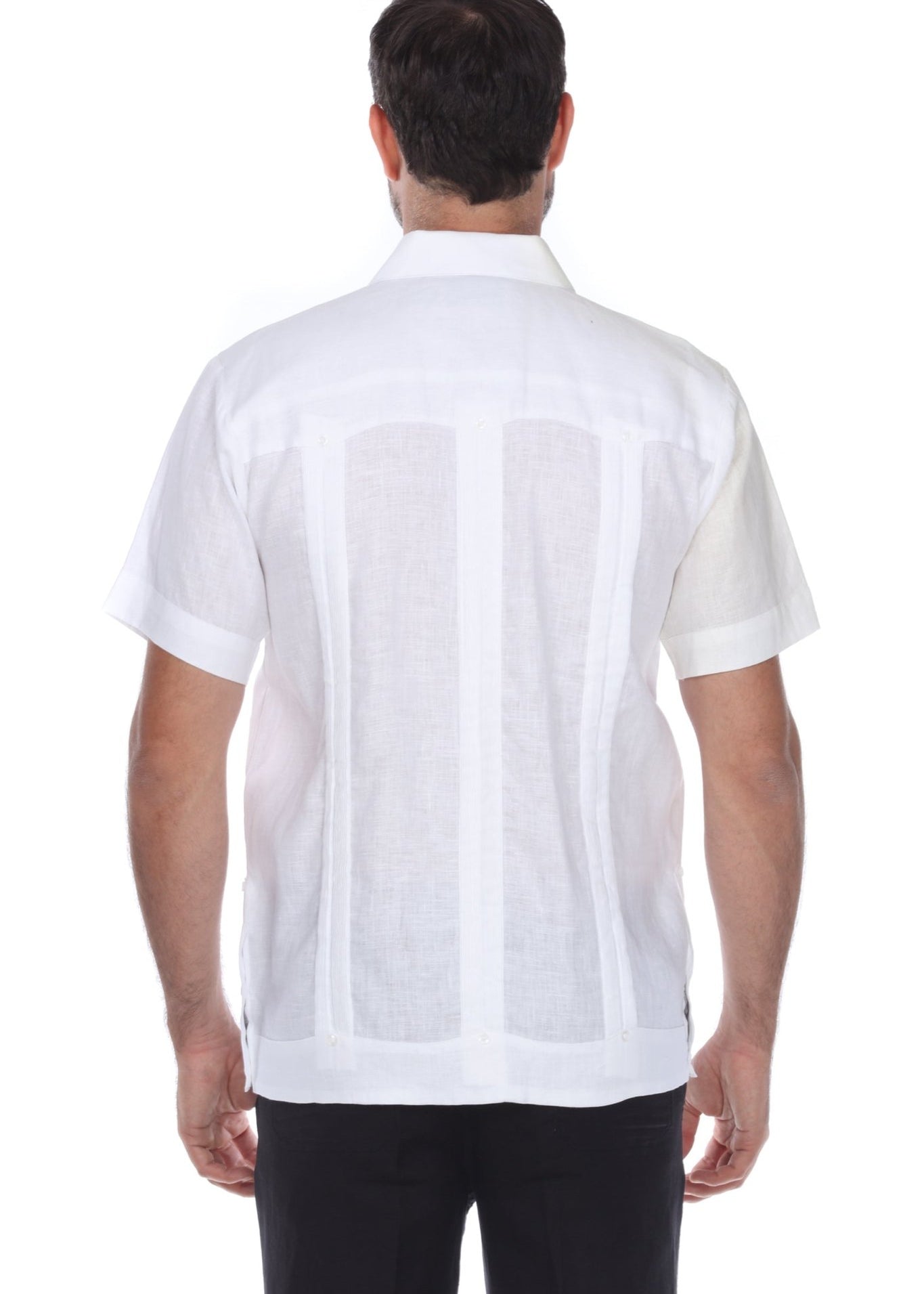 Back view of a white guayabera shirt for men showing signature embroidered accents and clean lines.