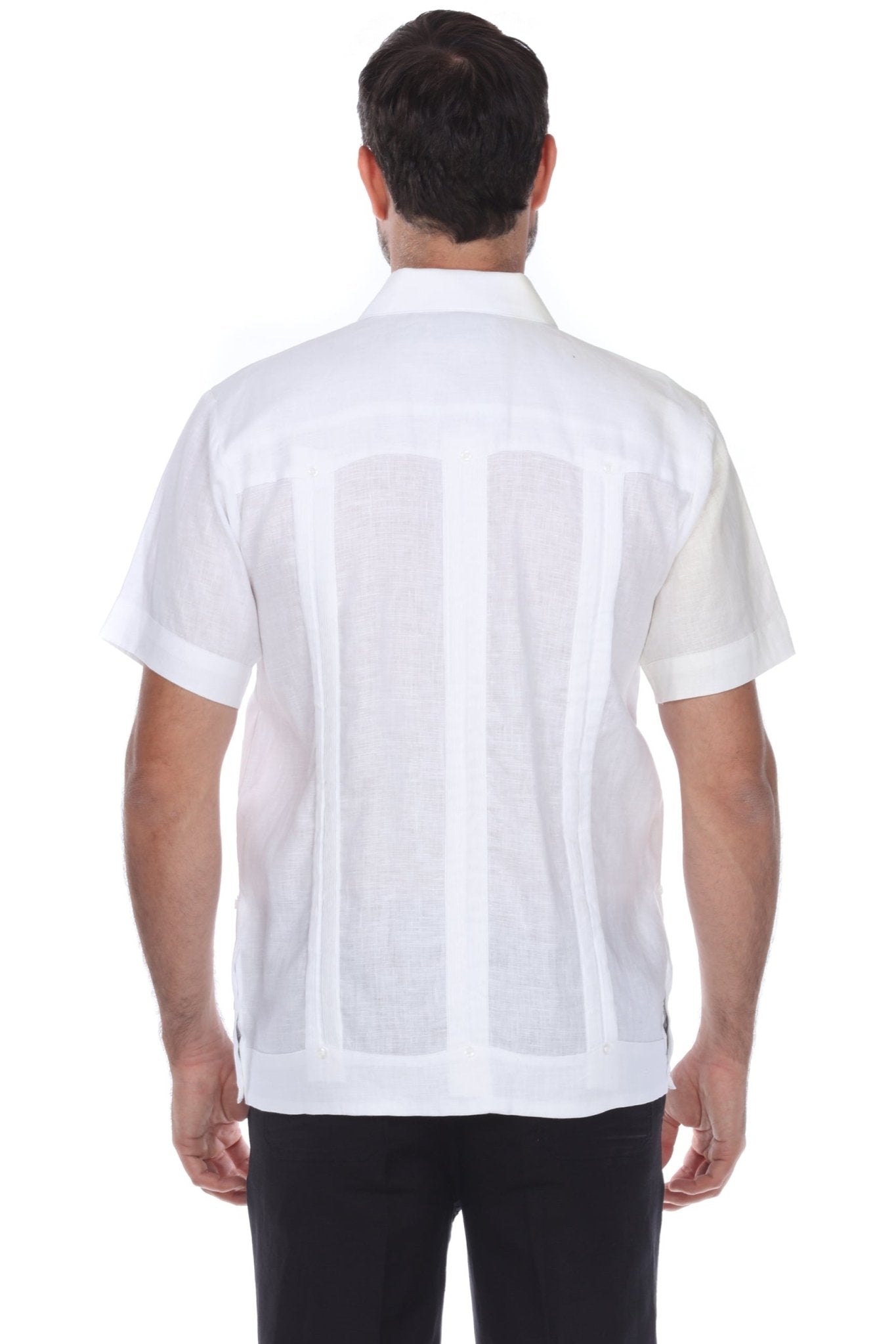 Back view of a white guayabera shirt for men showing signature embroidered accents and clean lines.