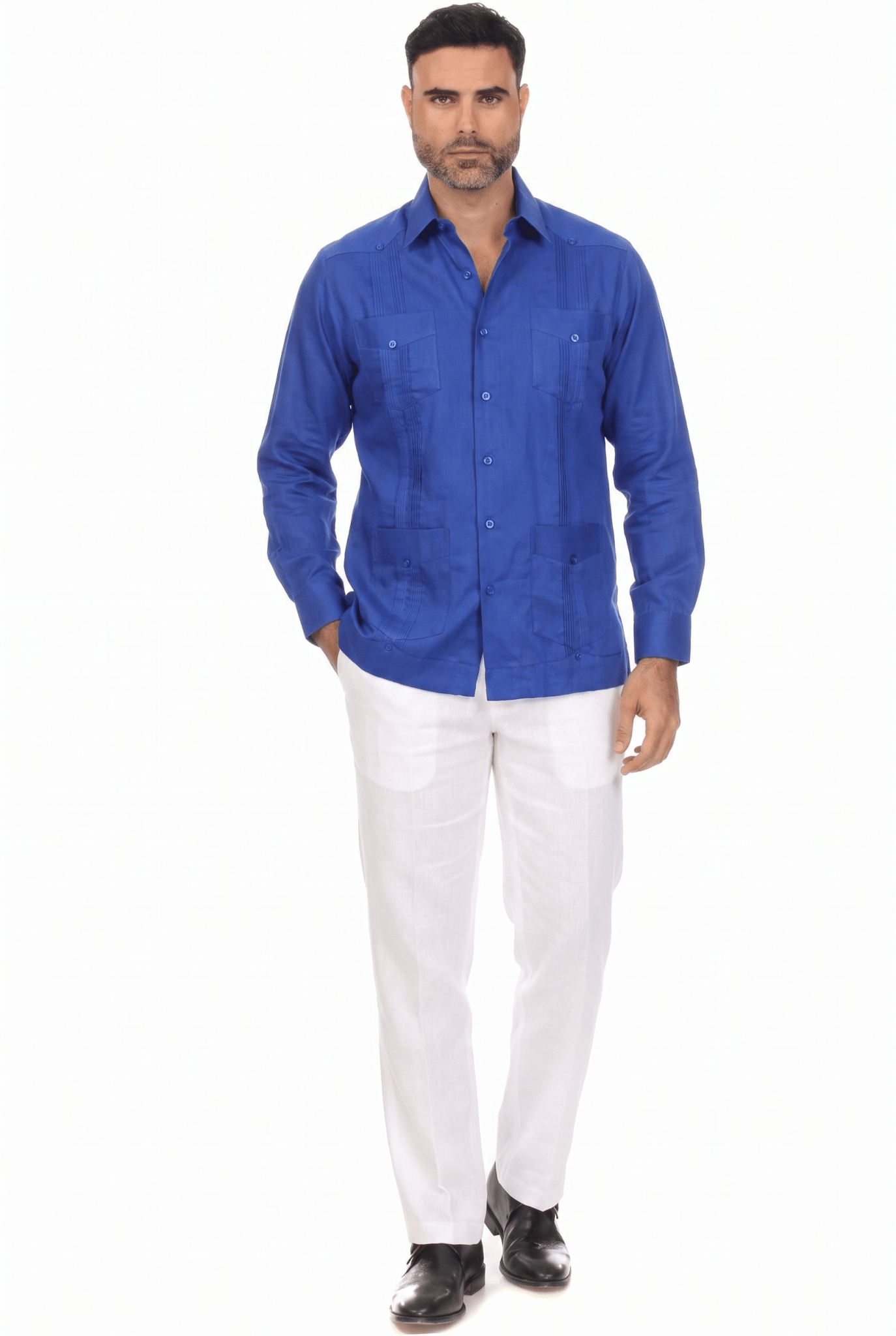 Guayabera de Manga Larga de Mezcla de Algodón con Cuatro Bolsillos Tallas Grandes