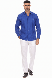 Guayabera de Manga Larga de Mezcla de Algodón con Cuatro Bolsillos Tallas Grandes