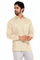 A man models the long-sleeved, four-pocket, beige Men's Plus Size Guayabera Shirt while clasping his hands.
