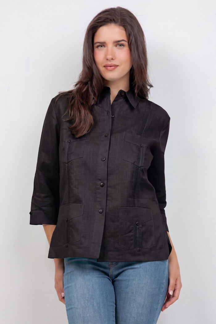 Women's crisp white linen guayabera shirt, 3/4 sleeve, front view, vacation outfit, Mojito Collection