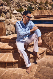 Camisa informal de manga larga con cuello mandarín y raya diplomática para hombre de Mojito, 100 % lino