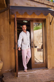 Men's 100% Linen Guayabera Chacabana Shirt Long Sleeve with Contrast Accent Trim