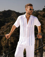 Men's Beach Button Down Shirt Pintuck Trim Contrast Short Sleeve
