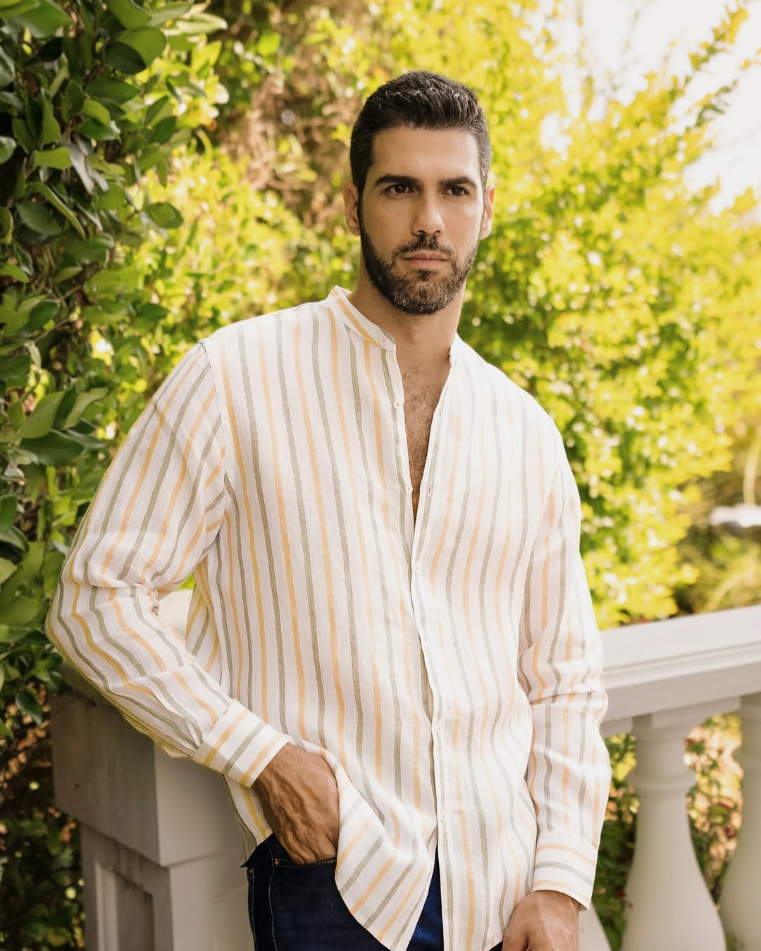 Men's Causal Mandarin Collar Pinstripe Shirt 100% Linen Long Sleeve Button Down
