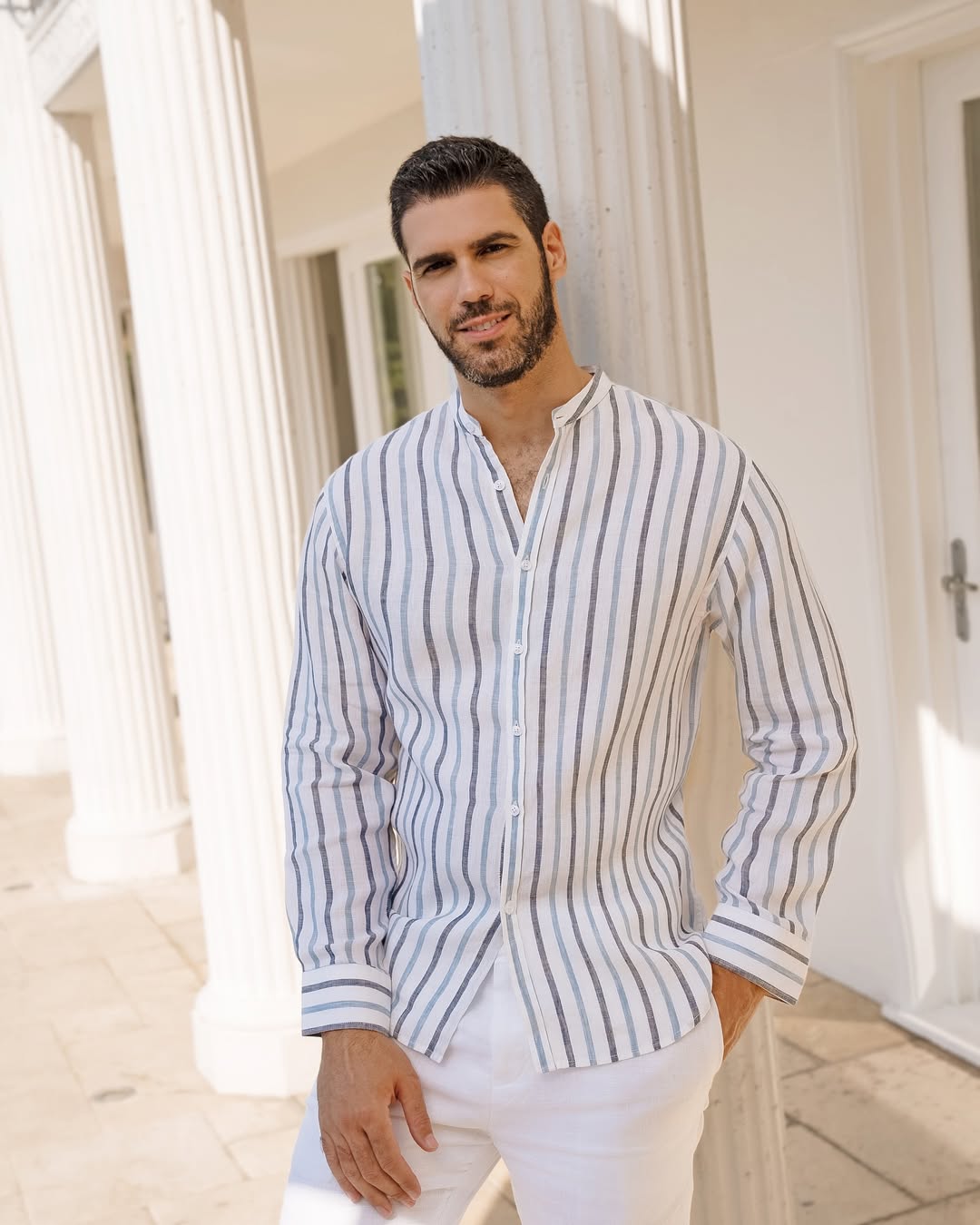 Men's Causal Mandarin Collar Pinstripe Shirt 100% Linen Long Sleeve Button Down