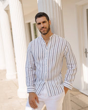 Men's Causal Mandarin Collar Pinstripe Shirt 100% Linen Long Sleeve Button Down
