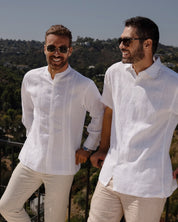 Camisa de lino 100 % para hombre, manga corta, con pliegues y bordado
