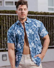 Camisa informal de lino con estampado estilo resort para hombre